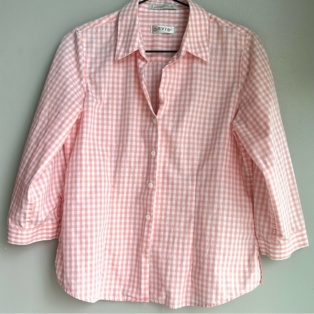 ORVIS ladies 3/4 sleeve gingham blouse pink 100% cotton excellent